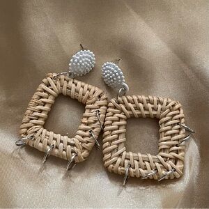 Natural Rattan Square Drop Earrings with White Beaded Posts